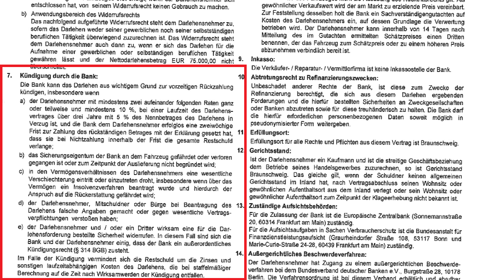 Bild fehlerhafter Vertrag Kündigung durch die Bank