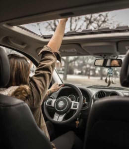 Frau gestikuliert hinter dem Steuer
