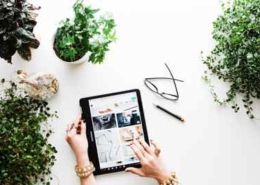 Bild von den Händen einer Frau an einem iPad am Schreibtisch, daneben sind Pflanzen, ein Stift und eine Brille